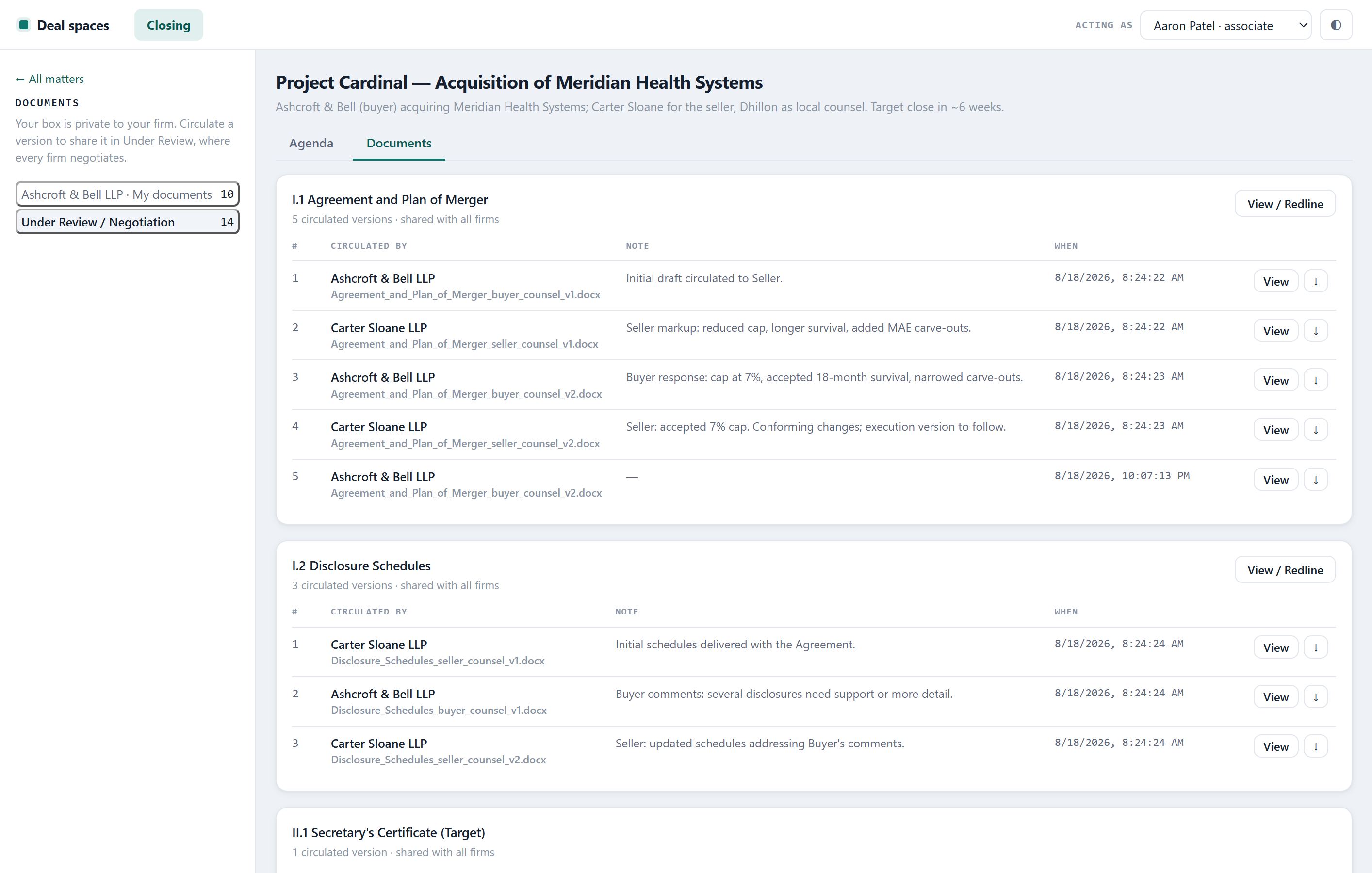 The Under Review view for the merger agreement, listing five circulated versions alternating between buyer's and seller's counsel, each with a note and timestamp