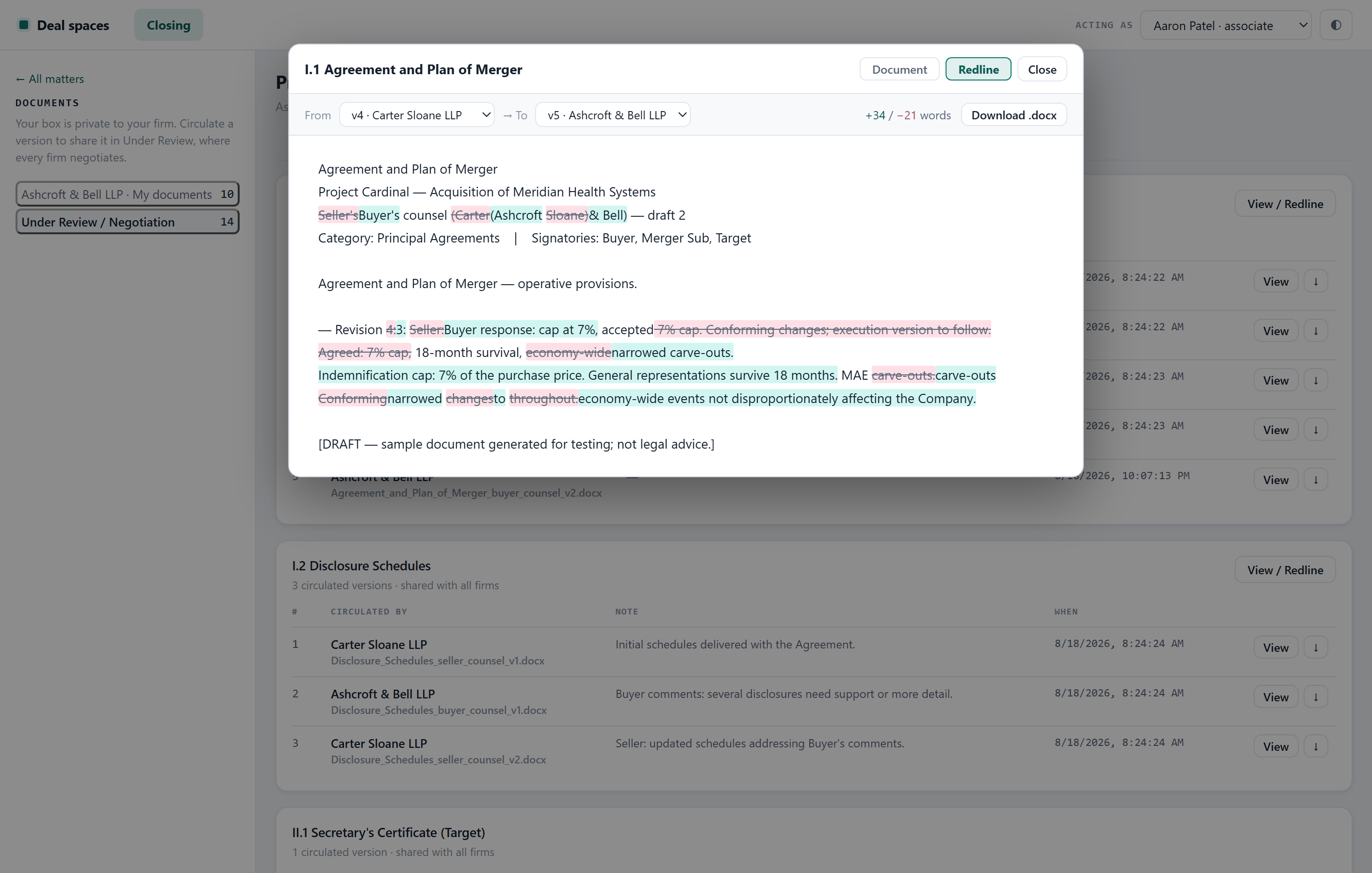 The document viewer in redline mode, comparing the seller's fourth draft to the buyer's fifth, with insertions and deletions marked and a button to download the blackline as Word