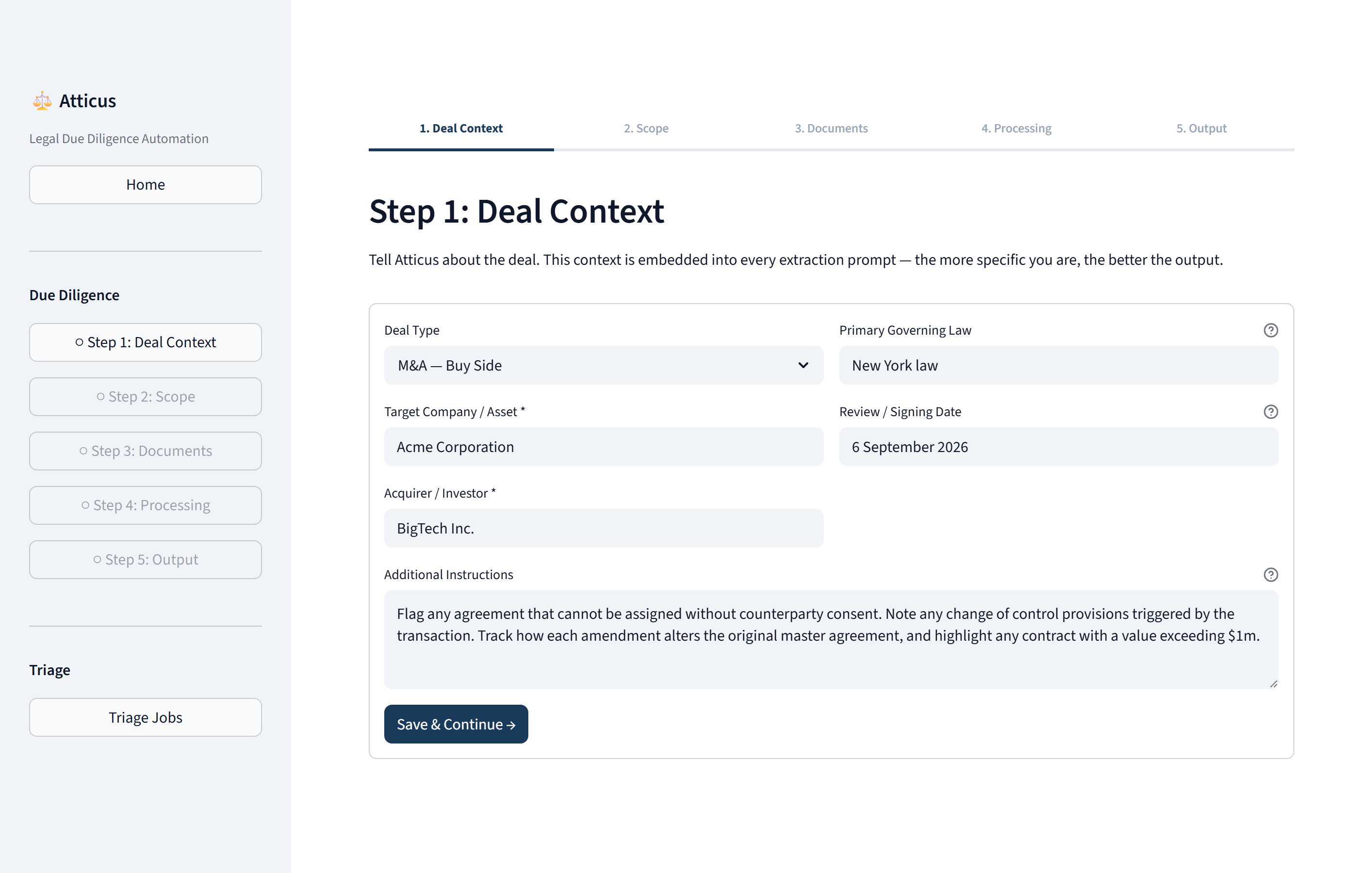 The deal context screen, with fields for deal type, target, acquirer, governing law and additional instructions