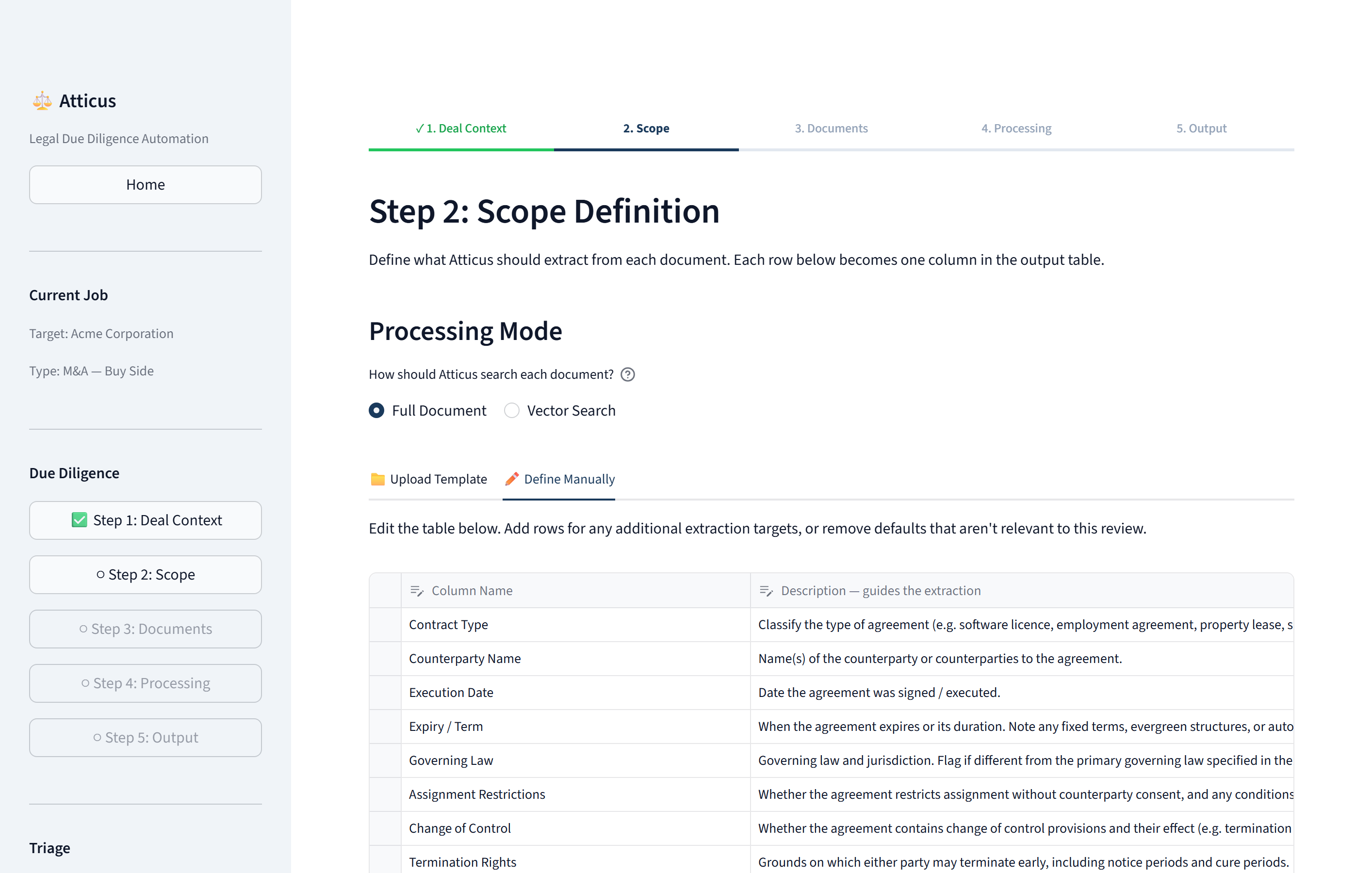 The scope definition screen, showing an editable table of ten extraction columns with descriptions