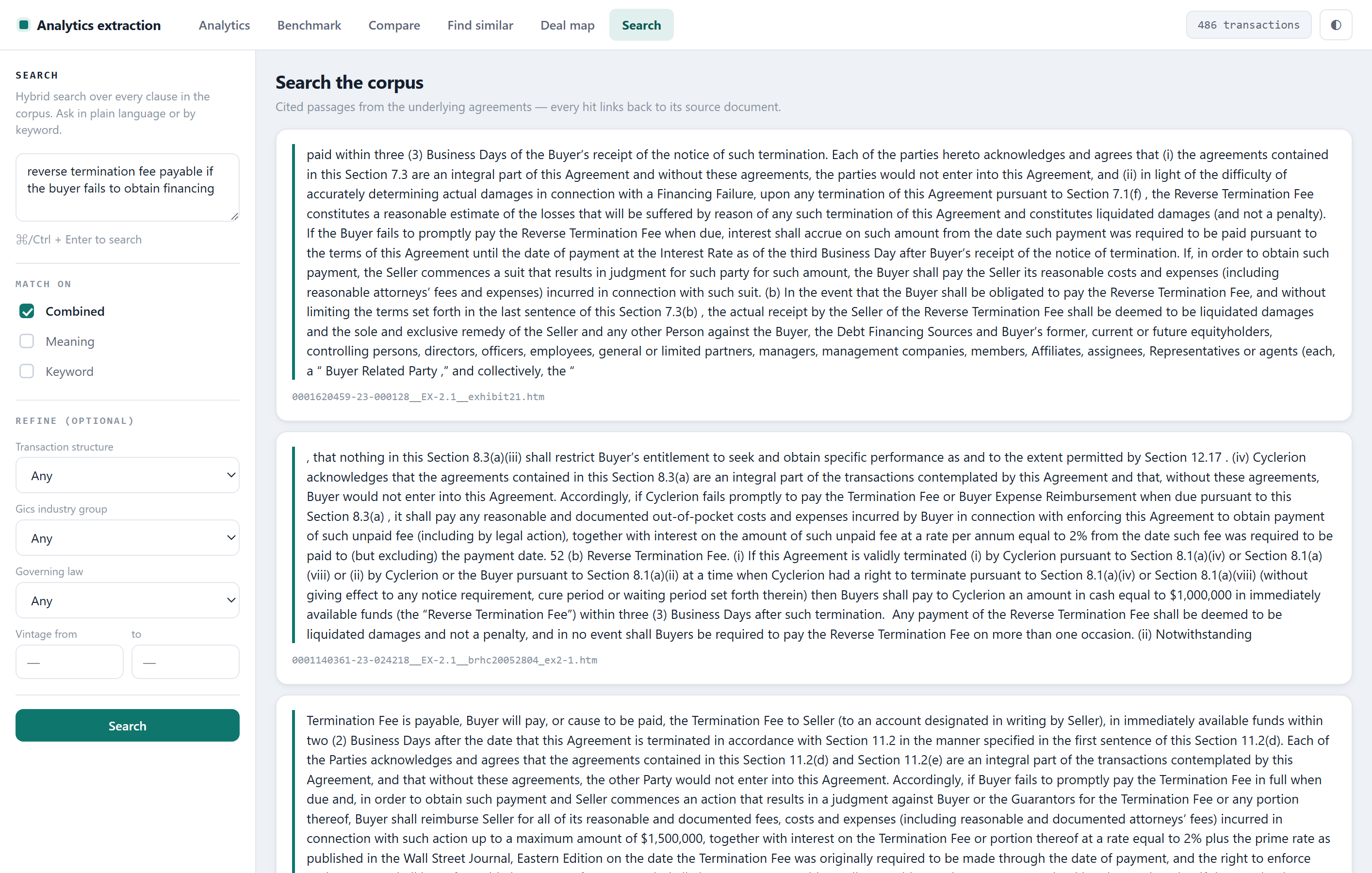 Search results for a plain-language query about reverse termination fees, each result a verbatim passage from an agreement with its source filing noted below
