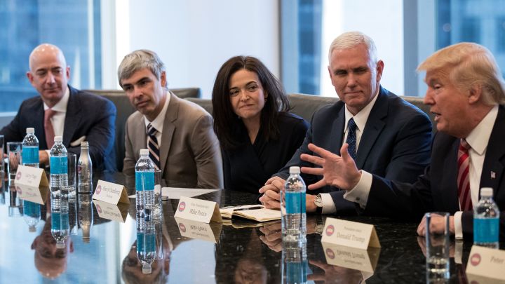 Jeff Bezos, Larry Page, Sheryl Sandberg, alongside President Trump and Vice President Pence.